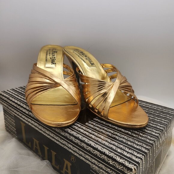Twist Front Heeled Gold Genuine Leather Sandals, Hand Stitched, Size 39/ US Size - Picture 1 of 7